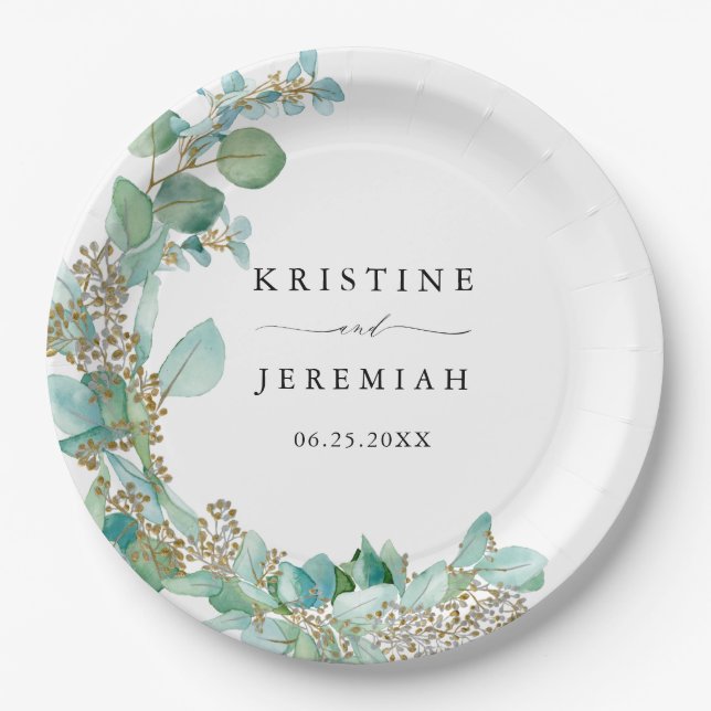 Elegant Greenery Eucalyptus Watercolor Wedding Paper Plate (Front)
