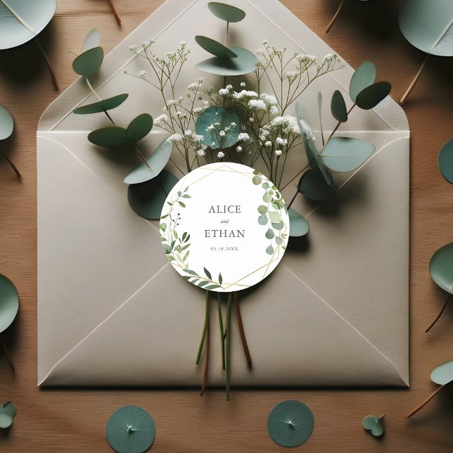 Elegant Greenery Eucalyptus Wedding Classic Round Sticker (Creator Uploaded)