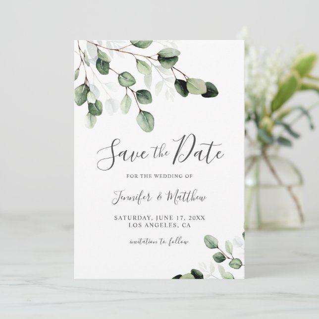 Elegant Greenery Eucalyptus Wedding  Save The Date (Standing Front)