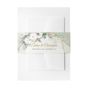Elegant greenery eucalyptus white roses gold invitation belly band