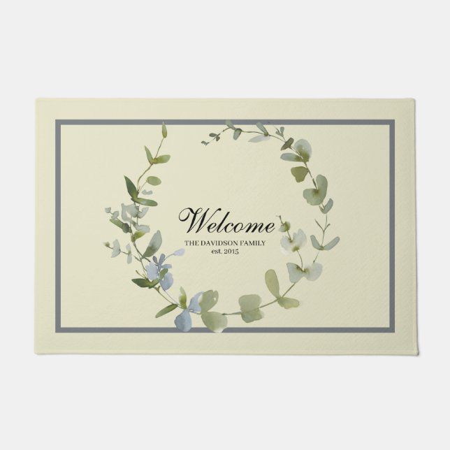 Elegant Greenery Eucalyptus Wreath Family Welcome Doormat (Front)