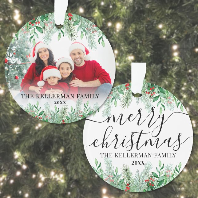 Elegant Greenery Family Photo Merry Christmas Ornament (Elegant Greenery Family Photo Merry Christmas Ornament)