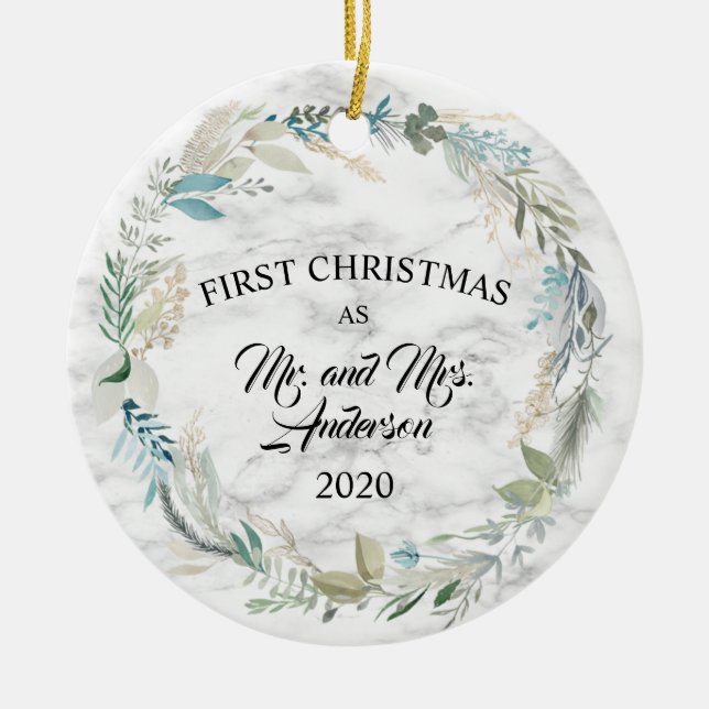 Elegant Greenery First Christmas Married Marble Ceramic Ornament (Front)