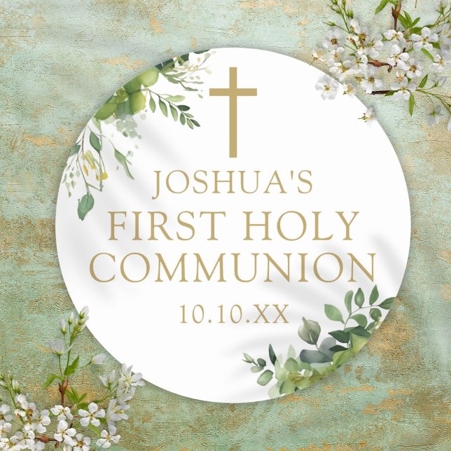 Elegant Greenery First Holy Communion Favour Classic Round Sticker (Elegant Greenery First Holy Communion Favor Classic Round Sticker)