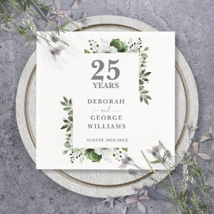Elegant Greenery Floral 25th Wedding Anniversary Napkin