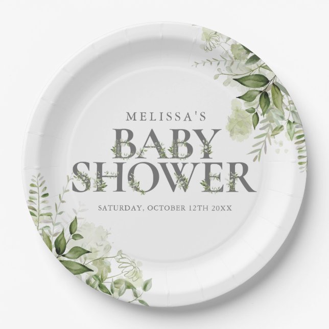 Elegant Greenery Floral Baby Shower Paper Plate (Front)