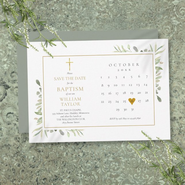 Elegant Greenery Floral Baptism Christening Save The Date (Elegant Greenery Floral Baptism Christening Save The Date)