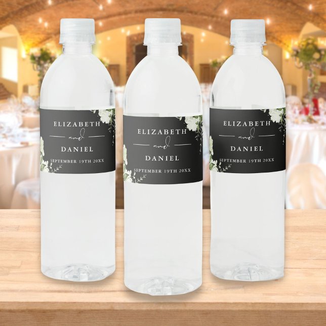 Elegant Greenery Floral Black And White Wedding Water Bottle Label (Elegant Greenery Floral Black And White Wedding Water Bottle Label)