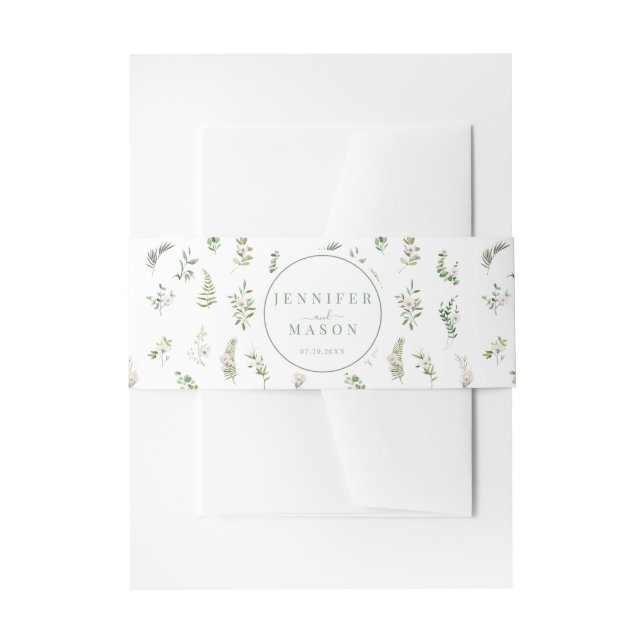 Elegant greenery floral classic wedding belly band invitation belly band (Front Example)