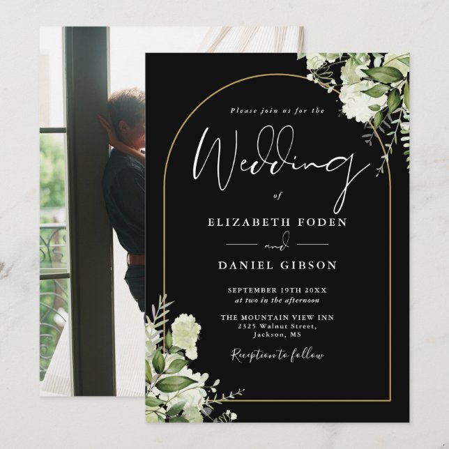 Elegant Greenery Floral Gold Arch Photo Wedding Invitation (Front/Back)
