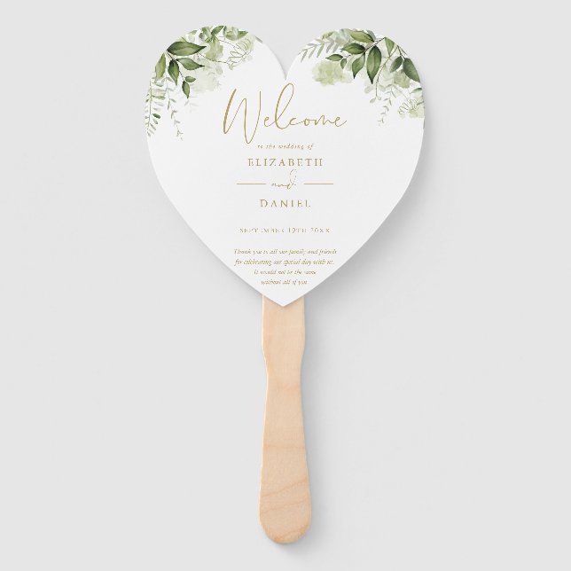 Elegant Greenery Floral Gold Wedding Program Heart Hand Fan (Front)