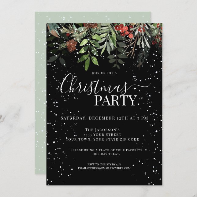Elegant Greenery Floral Holiday Christmas Party Invitation (Front/Back)