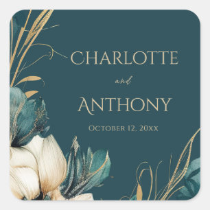 Elegant Greenery Floral Minimal Teal Gold Wedding Square Sticker