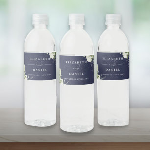 Elegant Greenery Floral Navy Blue Wedding Water Bottle Label