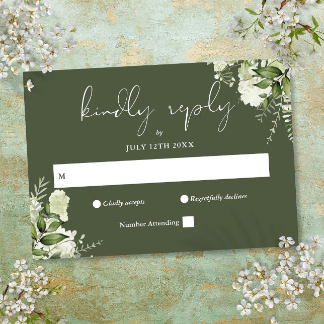 Elegant Greenery Floral Olive Green Wedding RSVP Card (Elegant Greenery Floral Olive Green Wedding RSVP Card)