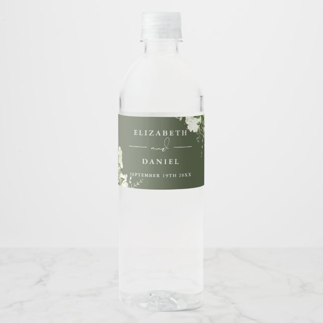 Elegant Greenery Floral Olive Green Wedding Water Bottle Label (Front)