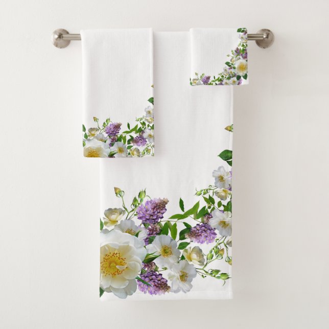 Elegant Greenery Floral Purple  Yellow Bath Towel Set (Insitu)