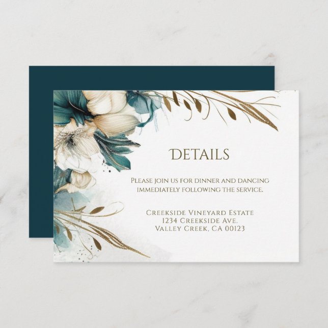 Elegant Greenery Floral Teal Gold Wedding Enclosure Card (Front/Back)