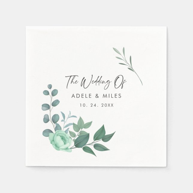 Elegant Greenery Flowers Personalised Names Weddin Napkin (Front)