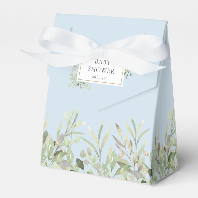 Elegant Greenery Foliage Baby Boy Blue Shower Favour Box (Front Side)