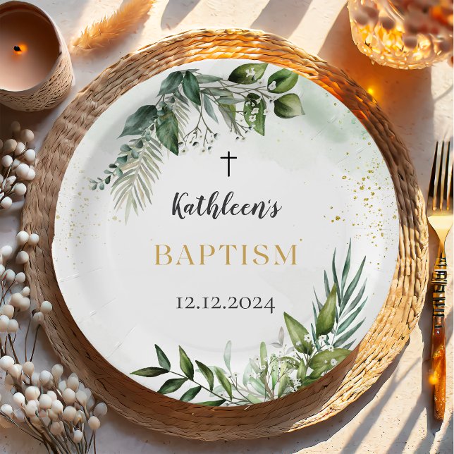 Elegant Greenery Foliage Baptism Paper Plate (Creator Uploaded)