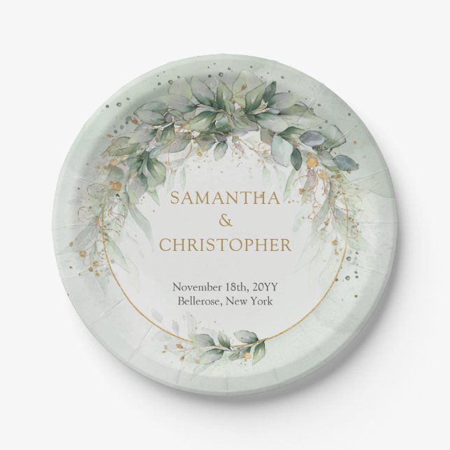 Elegant greenery foliage faux gold Paper Plate (Front)