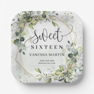 Elegant greenery foliage faux gold sweet sixteen paper plate