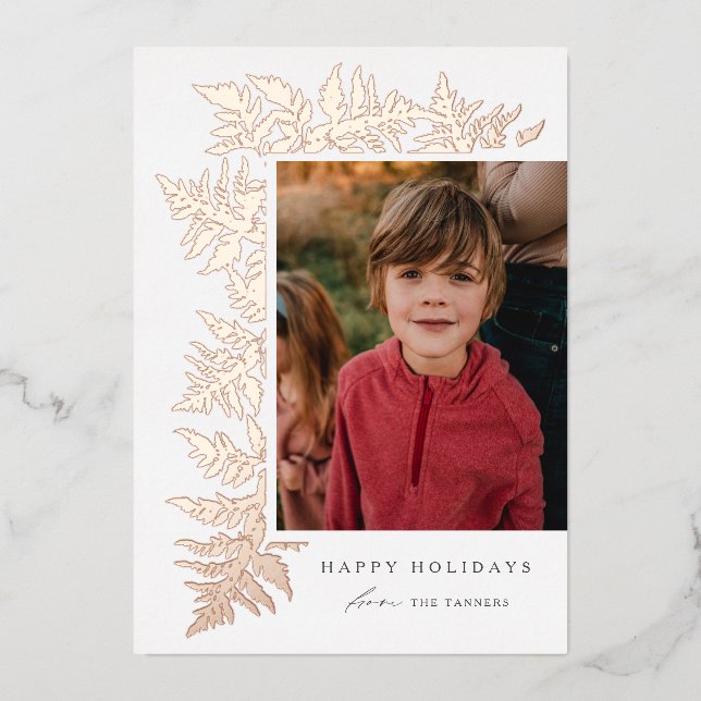 Elegant Greenery Foliage Photo Foil Holiday Card (Front)