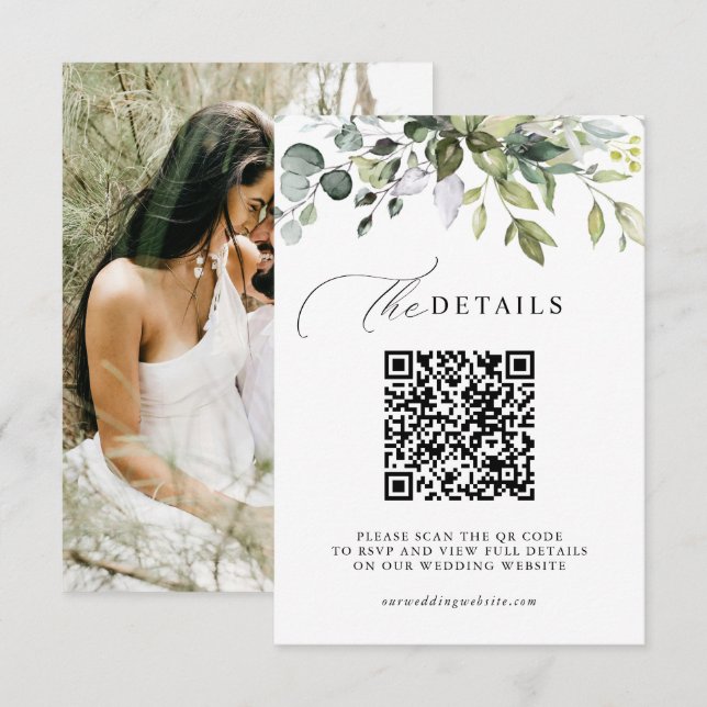 Elegant Greenery Foliage QR Code & Photo Wedding Enclosure Card (Front/Back)