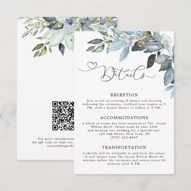 Elegant Greenery Foliage QR Code Wedding Details Enclosure Card (Front/Back)