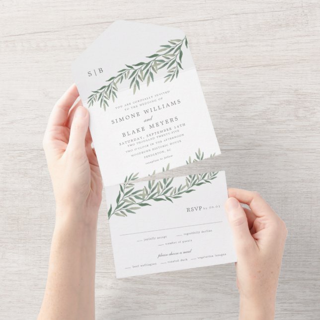 Elegant Greenery Foliage Wedding All In One Invitation (Tearaway)