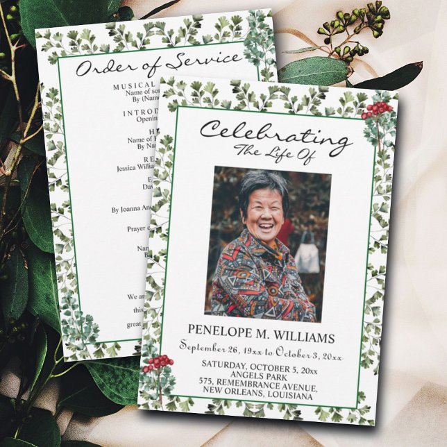 Elegant Greenery Funeral Order of Service Program (Creator Uploaded)
