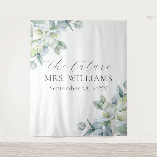 Elegant Greenery Future Mrs Photo Booth Backdrop Tapestry (Front)