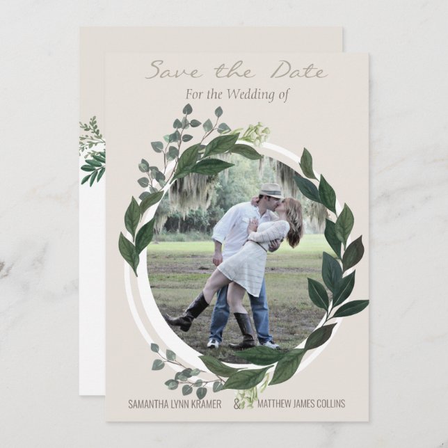 Elegant Greenery Garland Ferns Save the Date Photo Invitation (Front/Back)