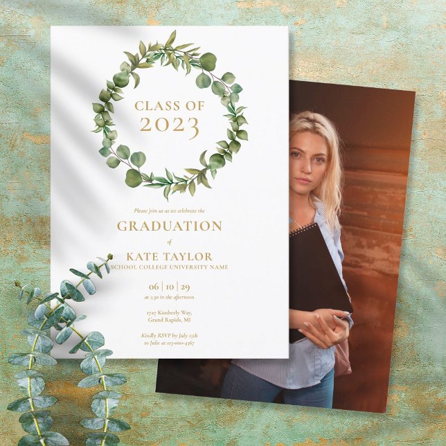 Elegant Greenery Garland Photo Graduation Party Invitation (Creator Uploaded)