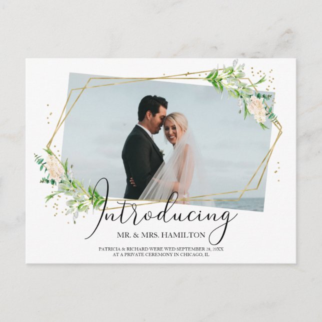 Elegant Greenery Geometric Eloped Announcement Postcard (Front)