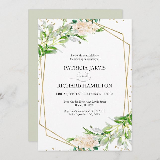 Elegant Greenery Geometric Wedding Anniversary Invitation (Front/Back)
