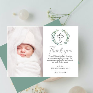 Elegant Greenery Girl Boy Baptism Photo Thank You Card