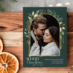 Elegant Greenery Gold Arch Merry Christmas Photo Holiday Card