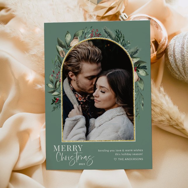 Elegant Greenery Gold Arch Merry Christmas Photo Holiday Card (Creator Uploaded)
