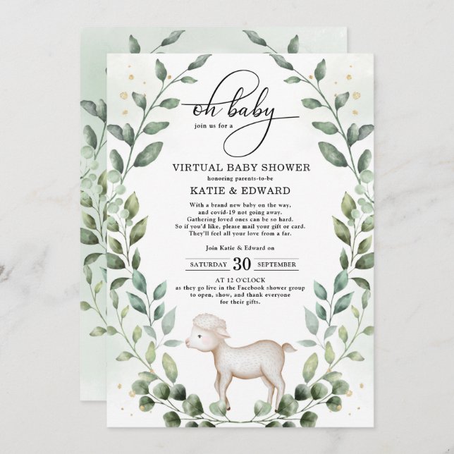 Elegant Greenery Gold Baby Lamb Virtual Shower Invitation (Front/Back)