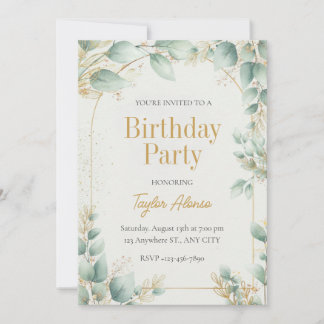 Elegant Greenery Gold Birthday Invitation