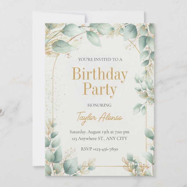 Elegant Greenery Gold Birthday Invitation (Front)