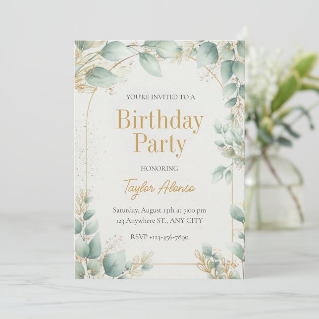 Elegant Greenery Gold Birthday Invitation (Standing Front)