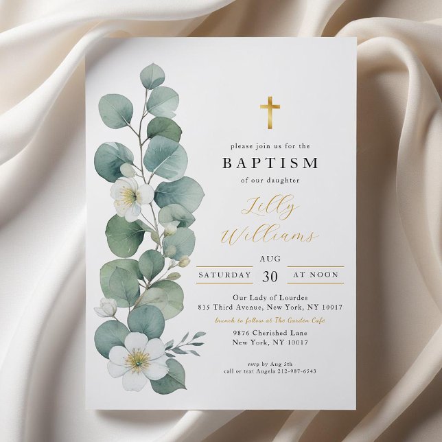 Elegant Greenery Gold Cross Baptism Invitation  (Simple Elegant Baptism Invitation)