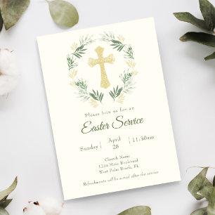 Elegant Greenery Gold Cross Church Easter Service Invitation