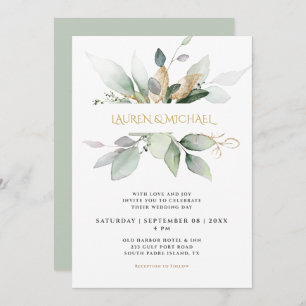 Elegant Greenery & Gold Eucalyptus Wedding  Invitation