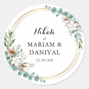 Elegant Greenery Gold Floral Muslim Wedding Classic Round Sticker