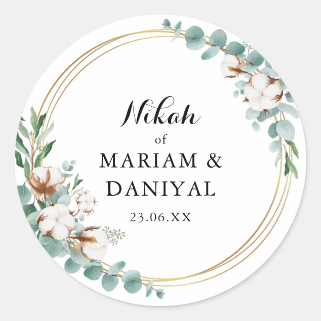 Elegant Greenery Gold Floral Muslim Wedding Classic Round Sticker (Front)