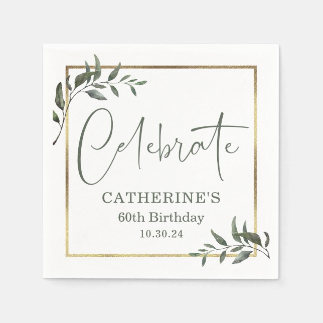 Elegant Greenery Gold Foil Celebrate Script Napkin (Front)